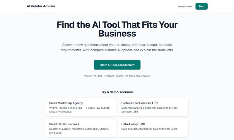 Screenshot of the AI Vendor Selection Advisor